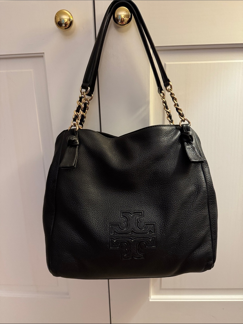 Tory Burch Black Pebbled Leather Shoulder Bag with Gold Chain Straps